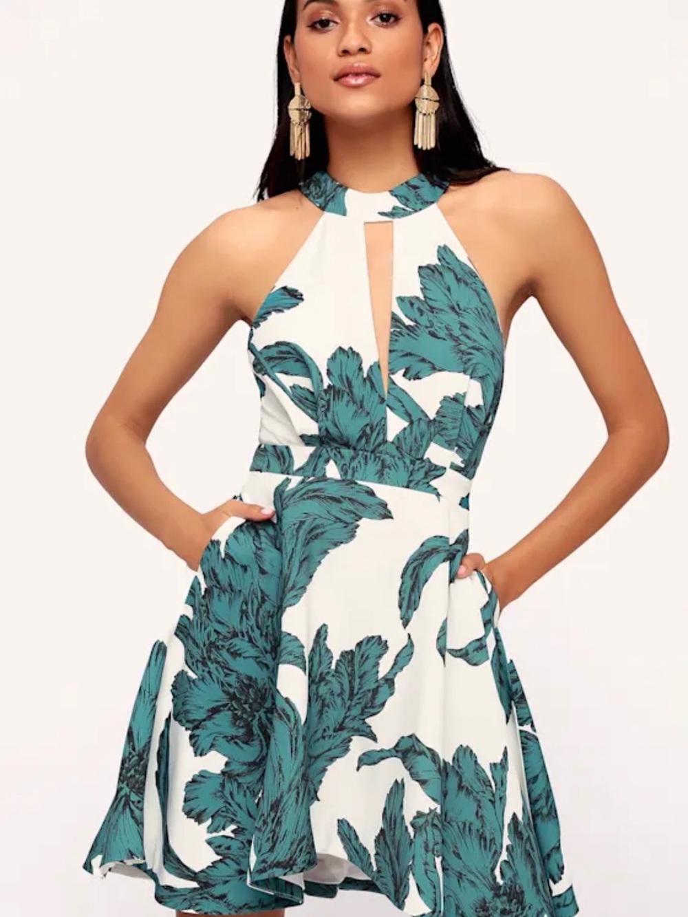 C/MEO Collective x Lulus Witness Ivory Leaf Print Halter Dress XL